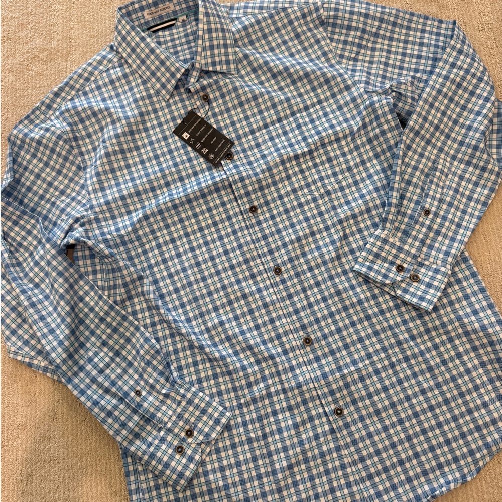 Amazon Men's Casual Performance Blue Plaid Shirt